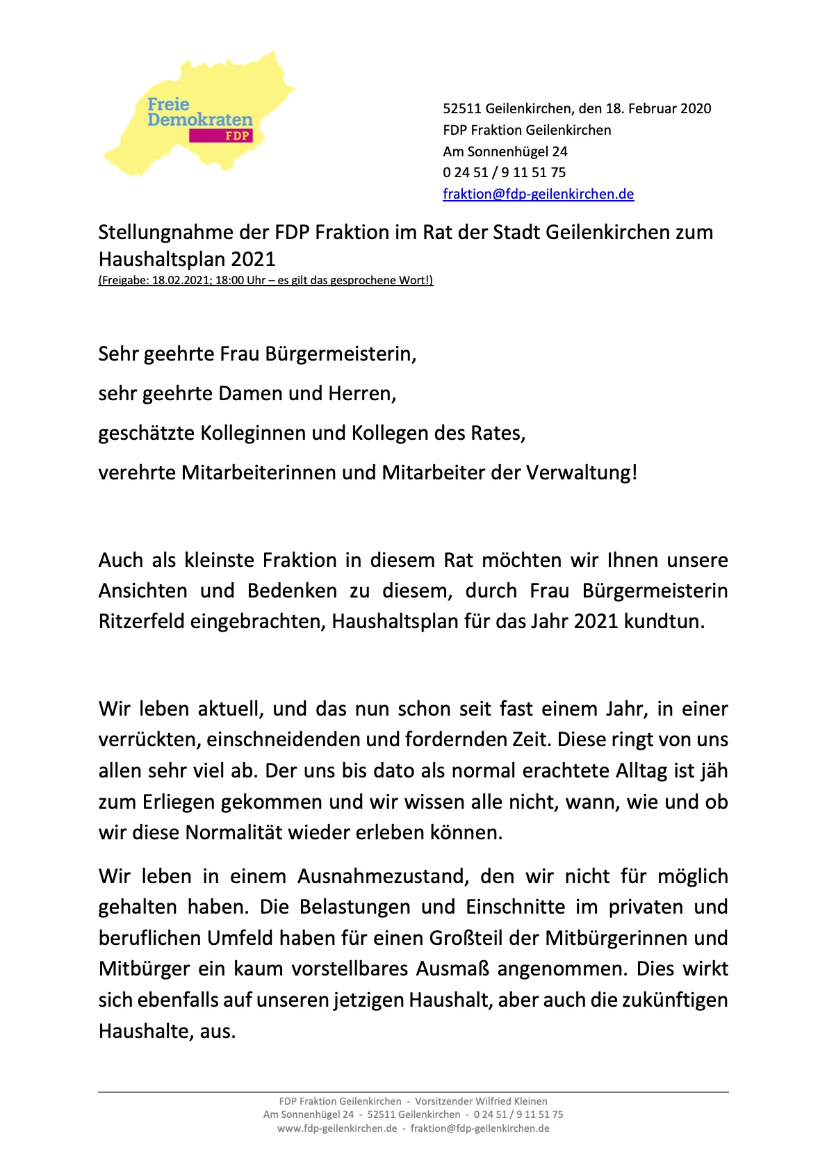 Stellungnahme zum Haushalt 2021