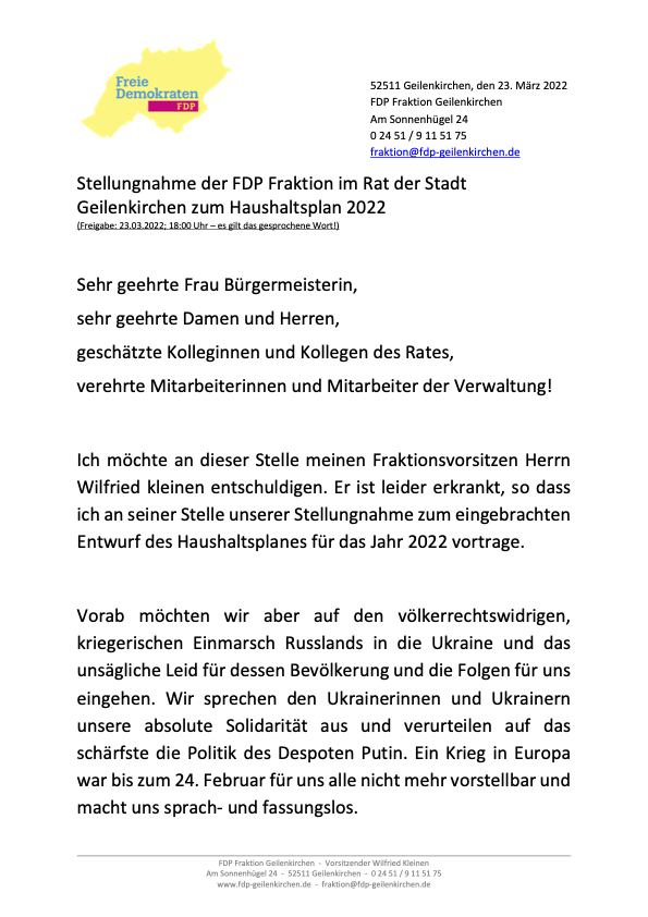 Stellungnahme zum Haushaltsplan 2022